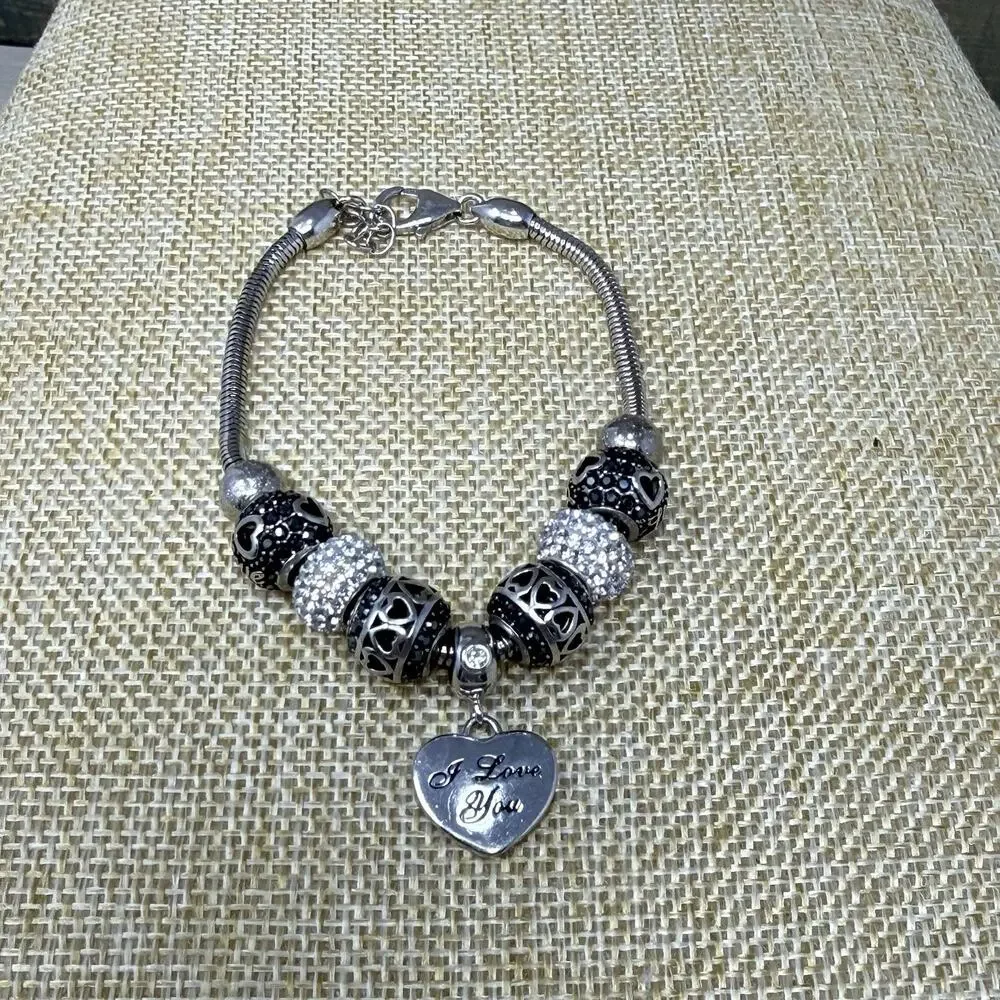 Sterling Silver Fiora Italy Love Charm Bracelet Black White Rhinestone 7 inch